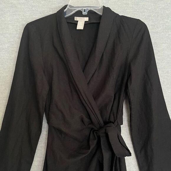 H&M Linen Blend Wrap Dress Womens XS Black Long Sleeve Kimono Capsule Minimalist - Picture 2 of 11